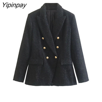 Yipinpay Spring Autumn Women Jacket Coat 2023 Fashion Double Breasted Tweed OL Blazer Vintage Long Sleeve Female Outerwear Chic Top